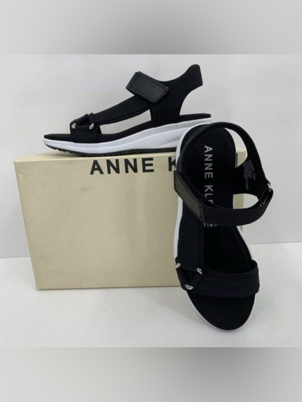 Anne Klein Gwen comfort black fabric memory foam sandals shoe new 5.5
